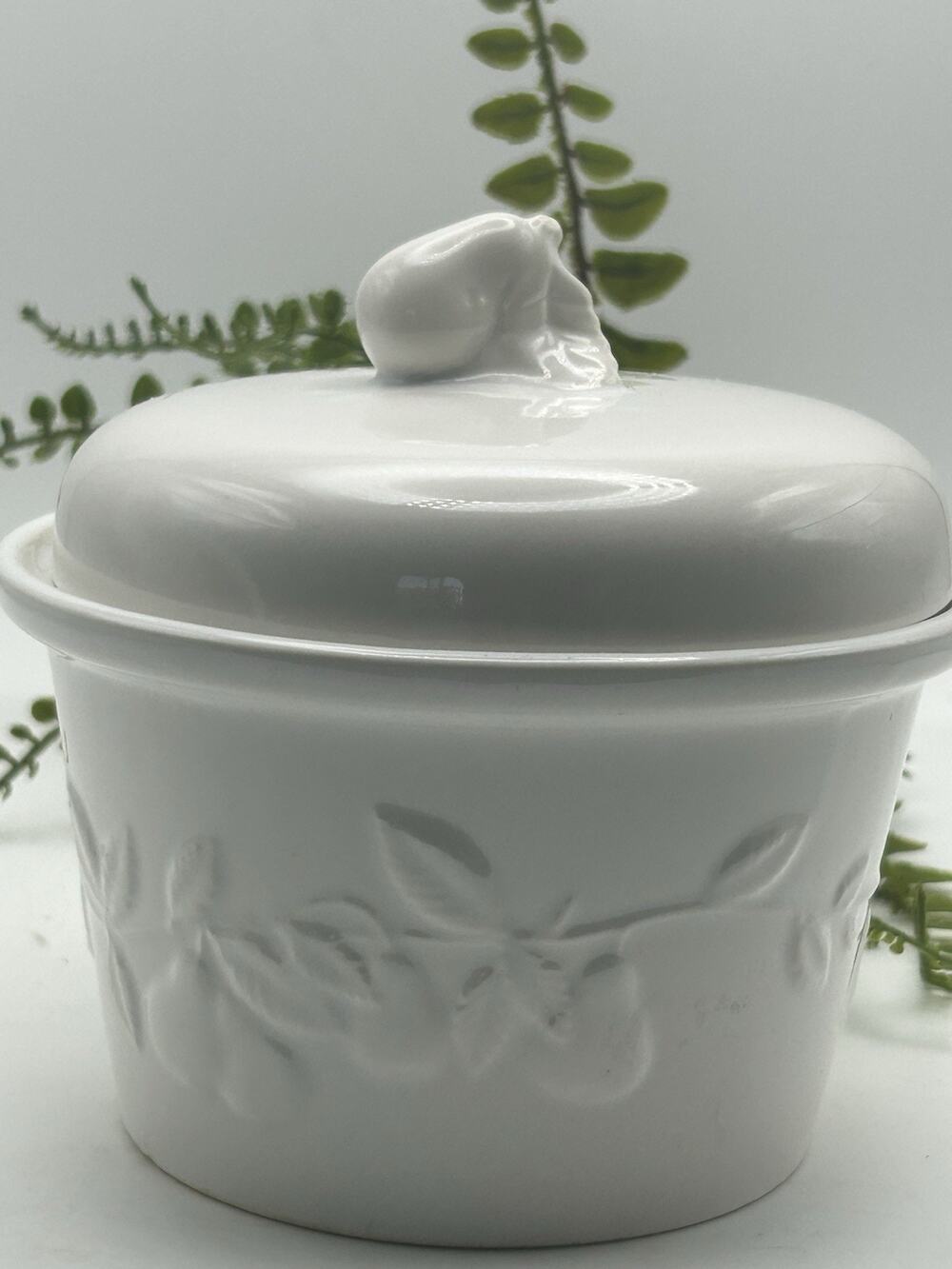 Round White Ceramic Embossed Fruit Lidded Box 5.2" Vintage